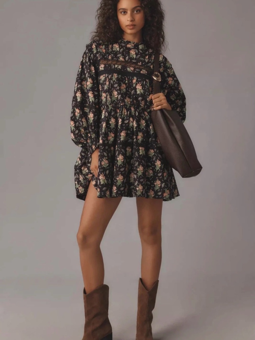 Anthropologie Pilcro Black Floral Mini Dress with Pink & Green Motif